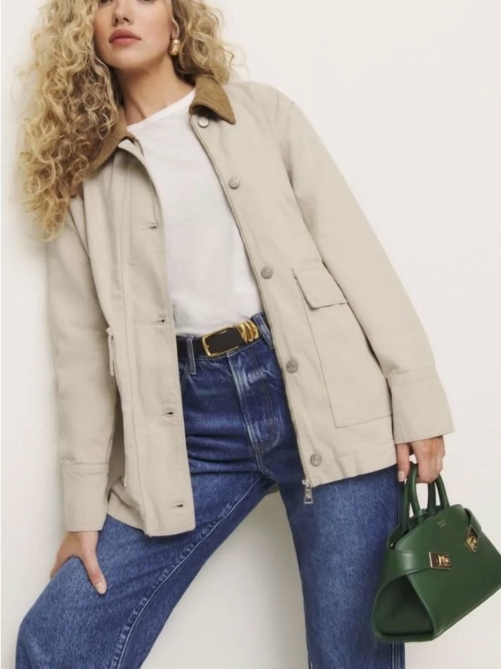 Reformation Archer Denim with Cord Collar Chore Barn Jacket size XL